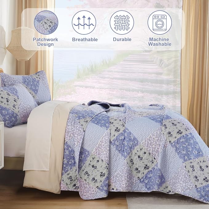 Dinjoy Boho Quilt Set King Size, Patchwork Floral Bedspreads, Lavender | - Image 3