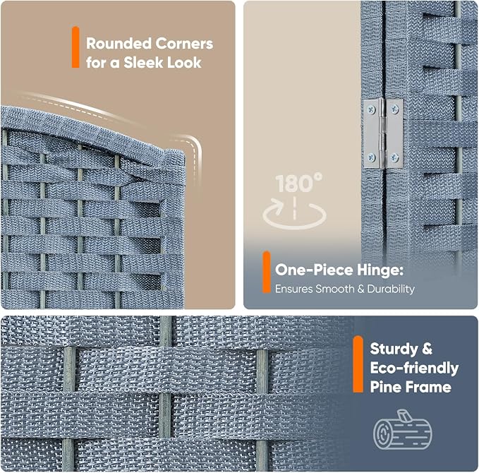 4 Panel Woven Room Divider, Freestanding Decorative Partition - Image 5