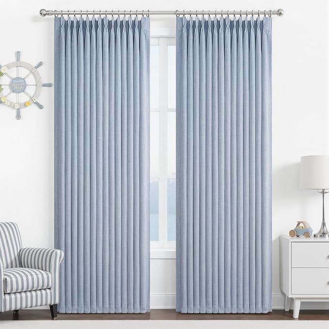 Light Blue Pinch Pleated Two Layer Thick Linen Curtains 90 Inches Long by PleatedDrapes