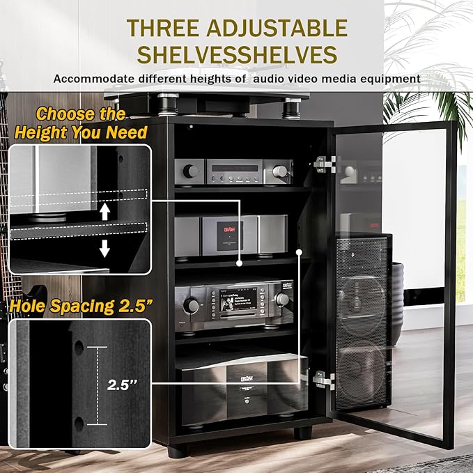 Grufle Media Storage Cabinet, Audio Video Media Stand Cabine with 3 Height-Adjustable Shelves, AV Cabinet Audio Rack with Glass Door and Cable Management for Living, Gaming, Recording Room (Black)