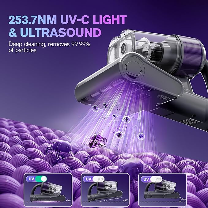 Mxnsewr Mattress Vacuum Cleaner, Ultrasonic Bed Vacuum Cleaner with 18Kpa Strong Suction, 150°F Heat & 253.7nm UV-C Light, Intelligent Dual Cup, One-Click Dust Removal for Bed, Sofa, Pet Hair, Grey