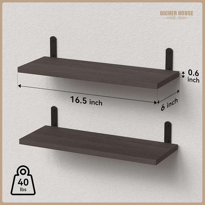 RICHER HOUSE Rustic Wood Floating Shelves, 2-Set Wall Mounted Shelves, 16In | - Image 3