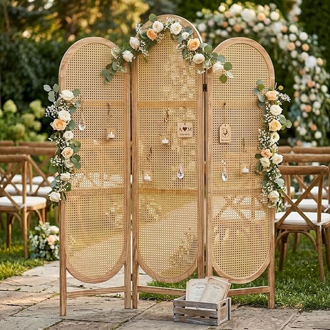 3 Panel Rattan Room Divider Screen, Boho Folding Privacy Screen | Decorative - Image 7