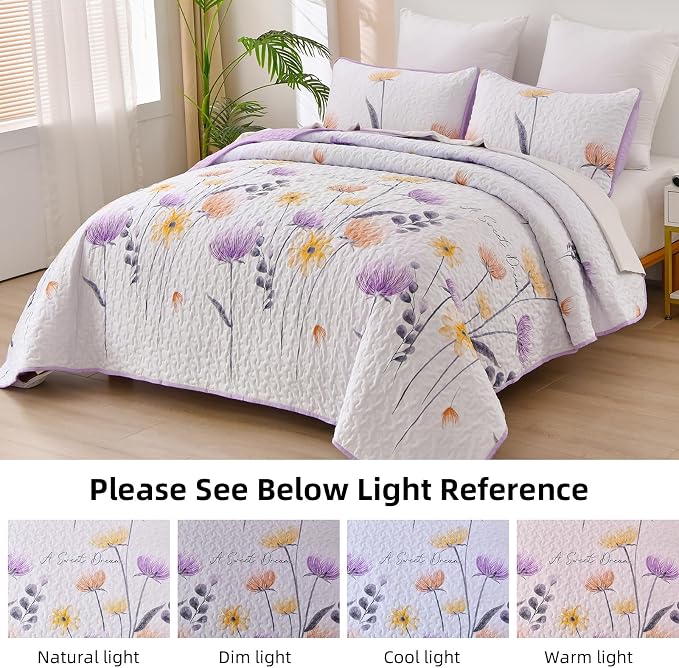 Dinjoy King Size Quilt Set Floral, 3 Pieces Fall Bedspread Bedding Set | Soft - Image 4