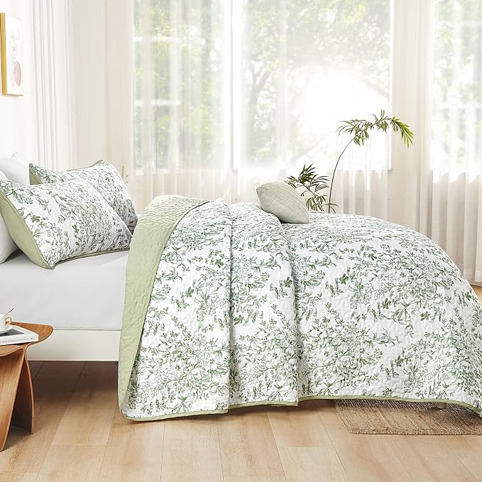WONGS BEDDING California King Quilt Set, Sage Green Botanical Lightweight | - Image 3