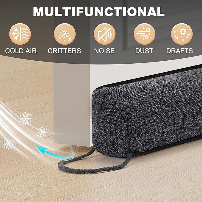 Door Draft Stopper Weighted Triangular Draft Stoppers for Bottom of Door 38" Underdoor Draft Blocker Seal Guard for Window Sill All-Season Gap Filler for Cold Air, Noise, and Light, Dark Grey