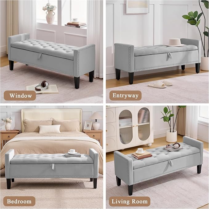 51" Storage Ottoman Bench, Velvet Large End of Bed Bench - Image 6