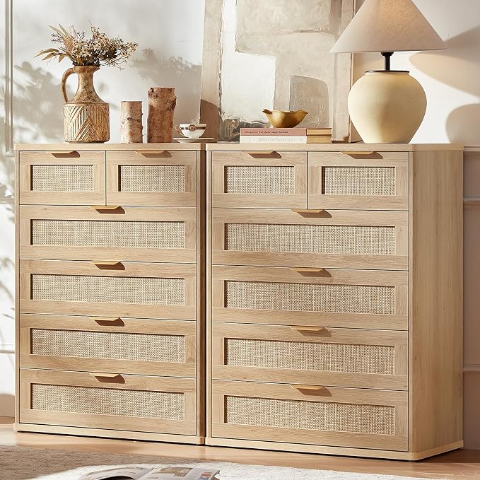 LEYAOYAO Rattan Dresser for Bedroom Set 2, Oak Modern 6 Drawers Boho Dressers by LEYAOYAO-Findtheshiningpointofyourideallife%EF%BC%81