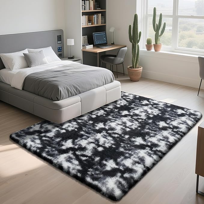 Mottled Black 6x9 Area Rugs for Living Room, Fluffy Shag Rug Large Carpet | - Image 3
