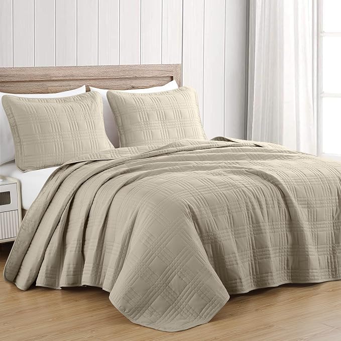 Chezmoi Collection Kingston King Size Bedspread Set, 3-Piece Khaki Oversized by ChezmoiCollection