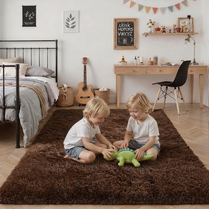 Area Rug Living Room Bedroom: 5x7 Fluffy Plush Shag Carpet Brown | - Image 7