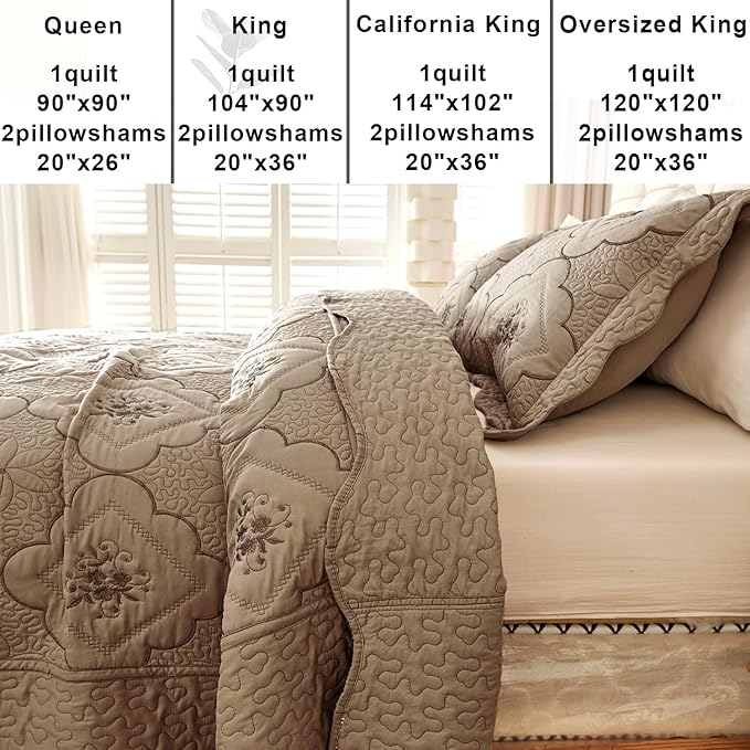 Cmfshape Floral Embroidery Quilt Set, 3 Pieces King Quilt Bedding Set, Classic - Image 5