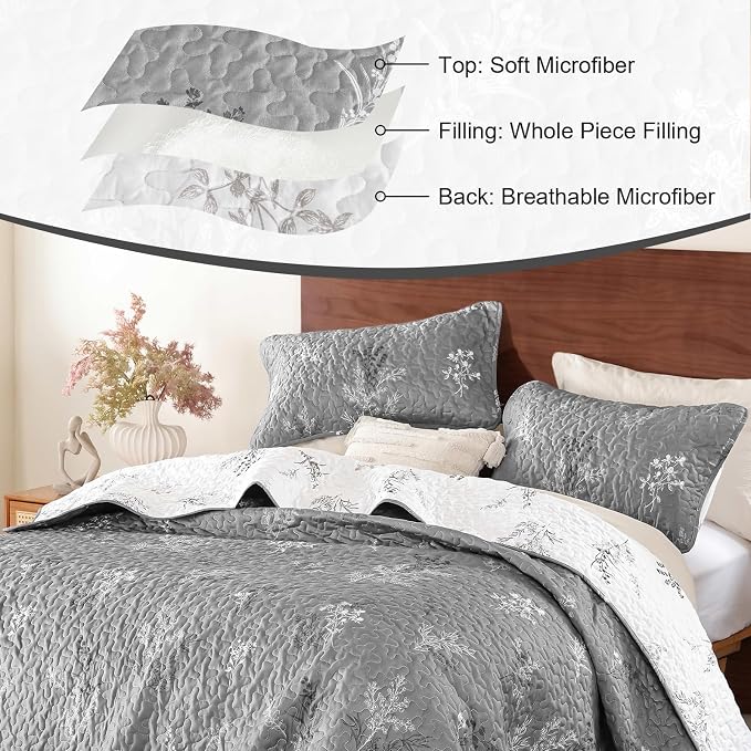 DJY Queen Size Grey Botanical Quilt Set, Floral Bedspread Coverlet | - Image 4