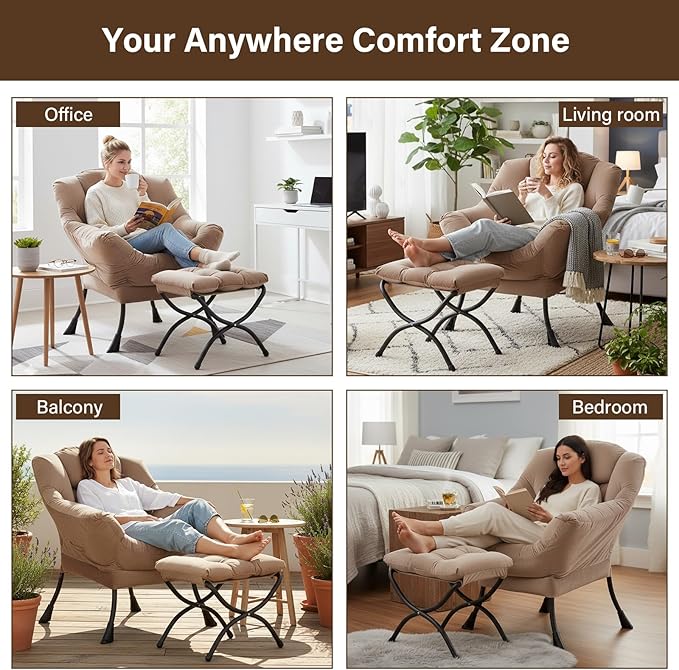 Welnow Lazy Chair with Ottoman, Reading Chair with Footrest, Khaki Velvet | A - Image 6