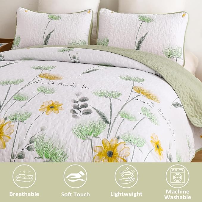 Dinjoy Floral Quilt Set Queen, Fower Plant Bedspread Coverlet Set 3 Pieces | - Image 3