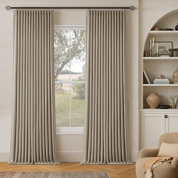 Greige Flax Linen Pinch Pleated Blackout Curtains 86 Inches Long | 100% Black by Twodrapes