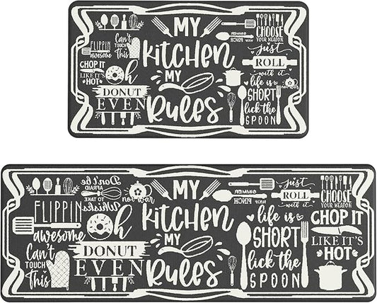 GENIMO Anti Fatigue Kitchen Mats for Floor, Non Slip Washable Kitchen Rules Theme Rugs sets of 2, Farmhouse Cushioned Waterproof Comfort Runner Rug for Kitchen, Sink, Laundry, 17"x 47"+17"x 30", Black