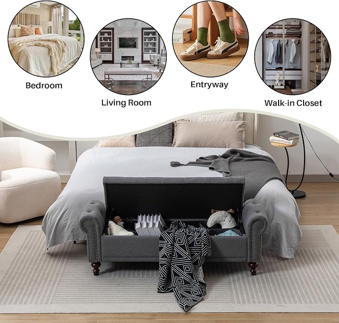 SOFTHION 58.1" Storage Bench for Bedroom, Linen Upholstered - Image 6