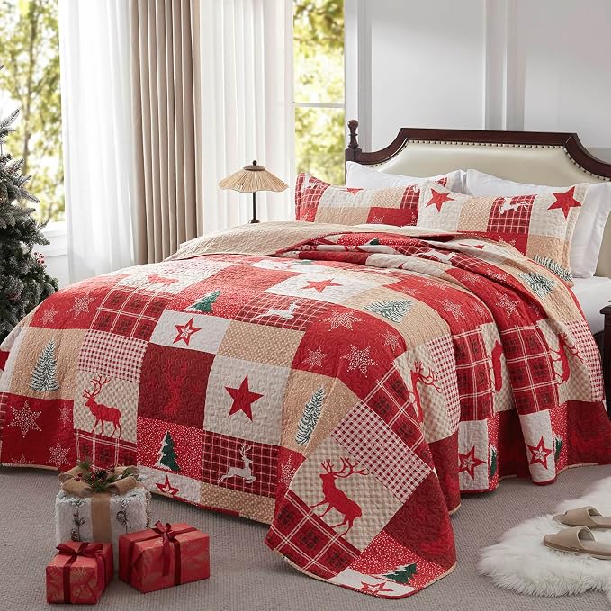 Christmas Quilt Set 3-Piece King Size Bedspread Coverlet 98''x106'' Lightweight by LEAONME