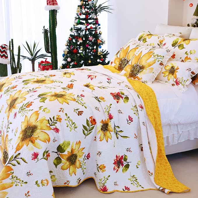 EVENHUG 100% Cotton Quilt Twin Size Yellow Sunflower Bedding Set Floral - Image 4