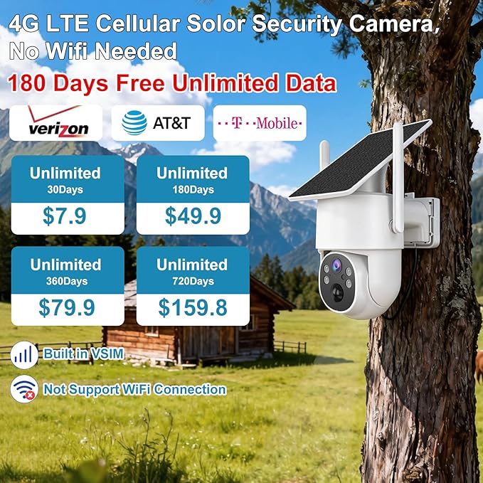 Kweiugfi 4G LTE Cellular Security Camera Outdoor,365 Days Unlimited Data,Wireless Solar Security Camera,2K Color Night Vision,360° Live View,Real-time Alerts,Motion Sensor,64G TF Card, No WiFi Needed