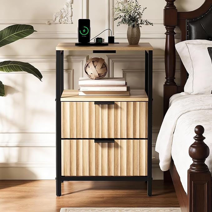 VINGLI Night Stand with Charging Station and Fabric Drawers, Fluted Nightstand - Image 8