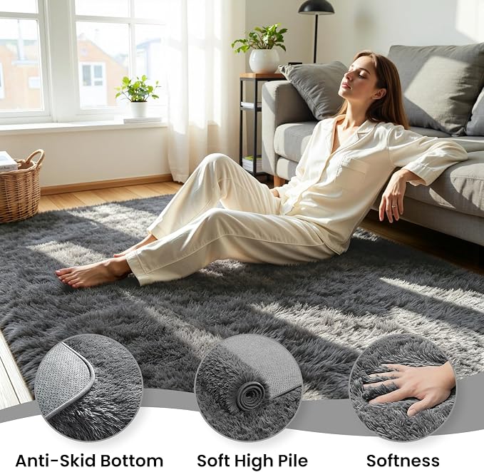 8x10 Fluffy Area Rug for Living Room: Soft Non-Slip Grey Bedroom Carpet | Ultra - Image 5