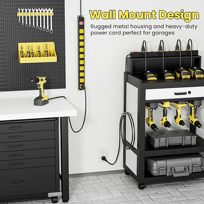 10 Outlet Metal Power Strip with 2100J Surge Protector, Heavy Duty 6FT Extension Cord, Wide Spaced Outlets and Wall Mount for Garage, Workshop, Industrial, Home, Ideal Gift for Father (6ft)