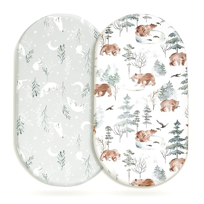 Stretchy Bassinet Mattress Sheets, Ultra Soft Bassinet Sheet 2 Pack, Universal Fitted for Oval Hourglass Rectangular Bassinet Mattress Pad Safe and Snug, Stylish Pattren of Bear and Wolf Print