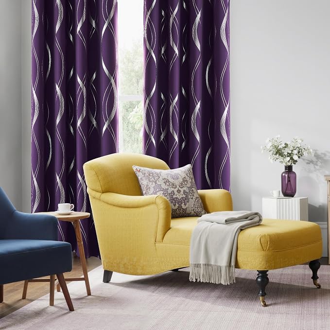 NICETOWN Royal Purple Blackout Curtains 84 inch Long Wave Line Foil Print | - Image 2