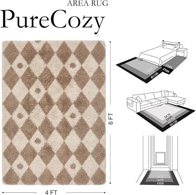 Brown 4x6 Area Rug for Kids Room Soft Fluffy Checkered Shag Carpet | Machine - Image 2