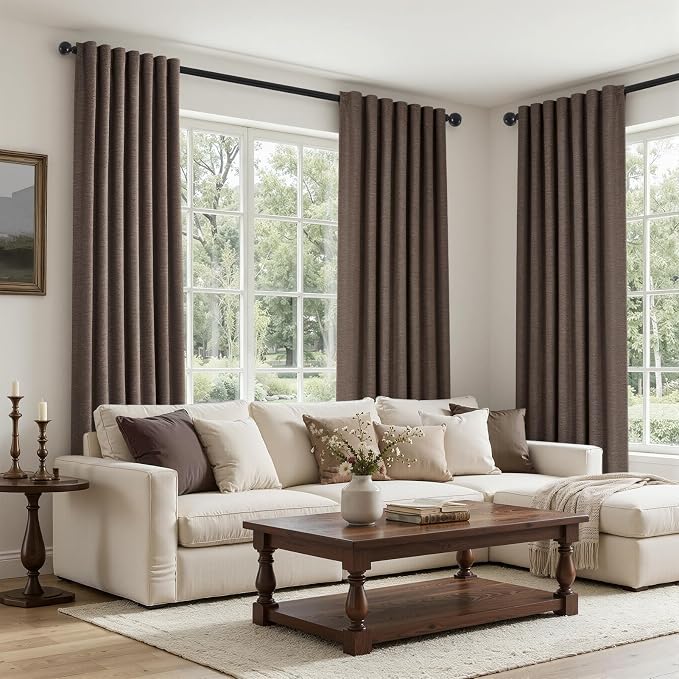 Topfinel Dark Brown 100% Blackout Linen Living Room Bedroom Curtains 84 Inch - Image 3