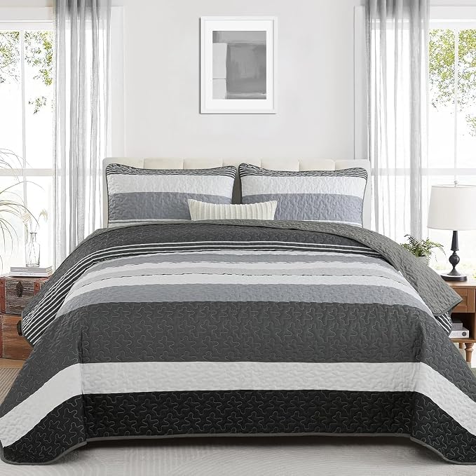 Dinjoy Full Boho Striped Quilt Set, Balck White Lightweight Bedspread | Soft by DINJOY