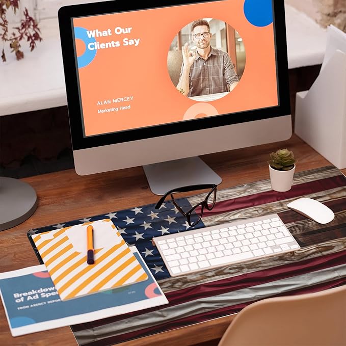 Eflxamz Large Gaming Mouse Pad for Desk,Wooden American Flag Desk Mat,Wooden USA Flag Desk Pad,Extended Big Computer Keyboard Mouse Pad with Non-Slip Base and Stitched Edge,35.4"x15.7"