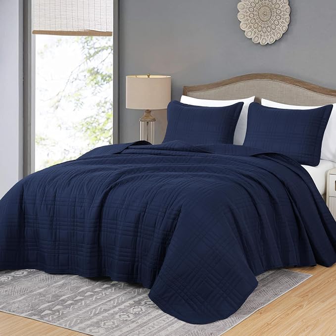 Chezmoi Collection Kingston Queen Size Bedspread Set, 3-Piece Navy Oversized by ChezmoiCollection