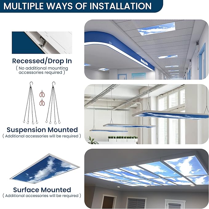4-Pack 2x4 LED Flat Panel Light, Drop Ceiling Light Fixture with Cloud Design Tunable 30W-72W, 8750 Lumens 4000K/5000K/6500K CCT, 0-10V Dimmable Skylight ETL & DLC, 120-277V 48x24 Inch LED Panel