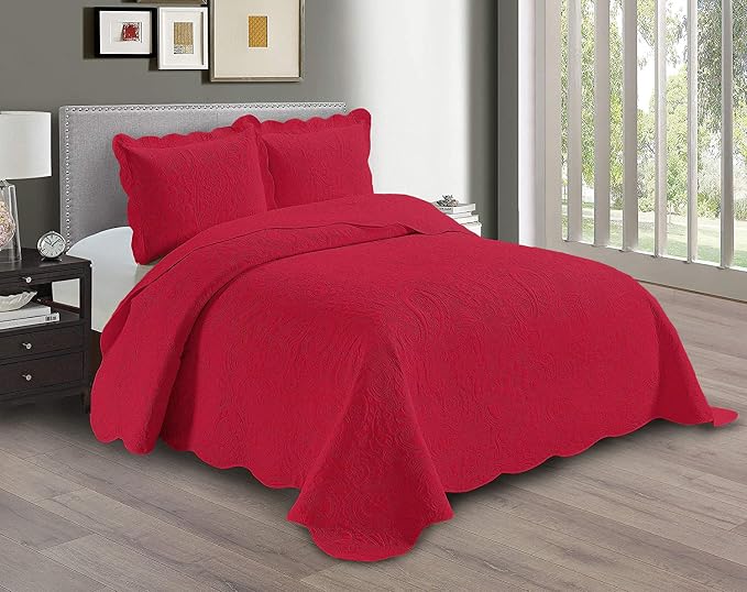 Linen Plus Embossed Coverlet Bedspread Set Oversized Solid Red King/California by Linen+Plus