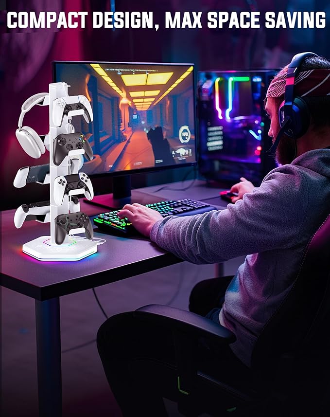 Kytok RGB Controller Holder for PS5/PS4/Xbox/Switch, Headphone Stand with 2 USB Charging Ports and Type-C and Headphone Jack, Headset Holder with Cable Organizer, Controller Stand for Desk, 4 Tiers