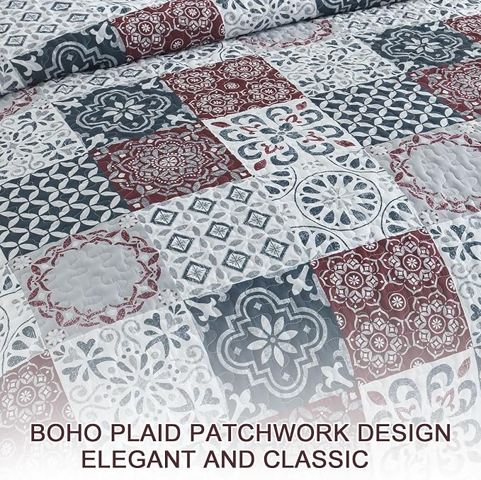 Dobuyly Patchwork Quilt Set Queen Size Boho Plaid Bedspread Red Grey Quilt - Image 8