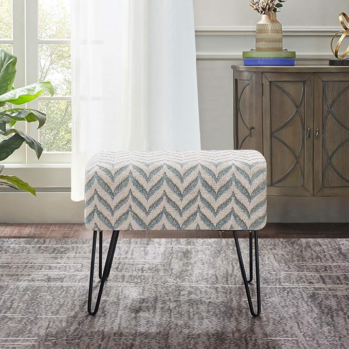 Home Soft Things Jacquard Chenille Ottoman, Arusha-Light Blue, Fuzzy Entry Way - Image 2