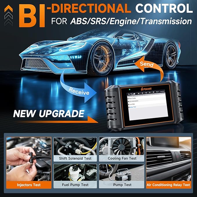 FOXWELL NT716 Bidirectional OBD2 Scanner – ABS, Airbag, Transmission, Engine Scanner with 9 Service Resets Including ABS Bleeding Oil Light, EPB, BMS, DPF, Throttle Relearn, Orange