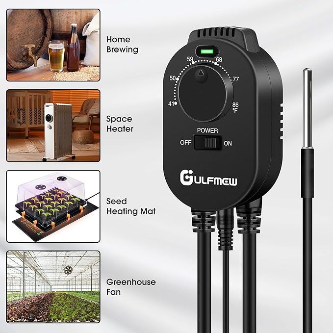 2 Pcs Plug in Thermostat for Heater, Thermostat Plug Outlet with 4.9FT Power Cord, Heating and Cooling Thermostats Outlet with Temperature Probe for Space Heater, Greenhouse Fan (Black)