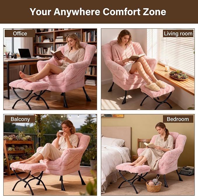Welnow Lazy Chair with Ottoman, Reading Chair with Footrest, Plush Pink | A - Image 7
