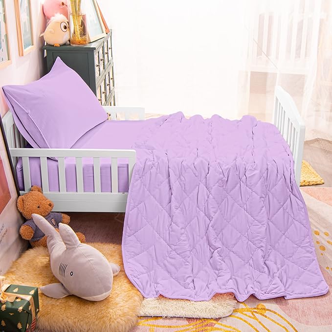 4-Piece Toddler Bedding Set for Girls and Boys – Soft and Breathable Crib Bedding with Quilted Comforter, Fitted Sheet, Flat Top Sheet and Envelope Pillowcase, Light Purple