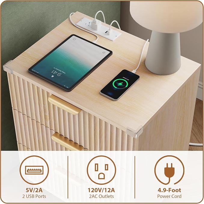 Wood Bedside Table w/Charging Station, 3 Drawers Fluted Dresser | Natural - Image 6