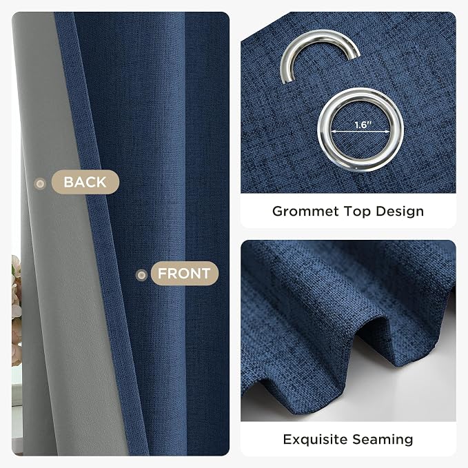 Joydeco Denim Blue Curtains for Bedroom 2 Panels Set, Faux Linen Textured 100% - Image 5