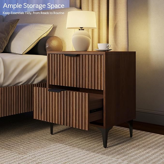 Walnut Fluted Nightstand Set of 2, Modern Night Stands - Image 4