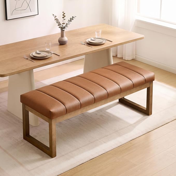 52.7" Bedroom Bench for End of Bed, Faux Leather Entryway Bench | Modern - Image 3