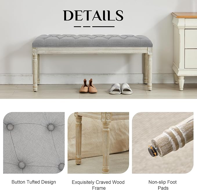 LOULENS 43.9" Linen End of Bed Bench, Vintage Bedroom Bench, Light Grey | French - Image 5