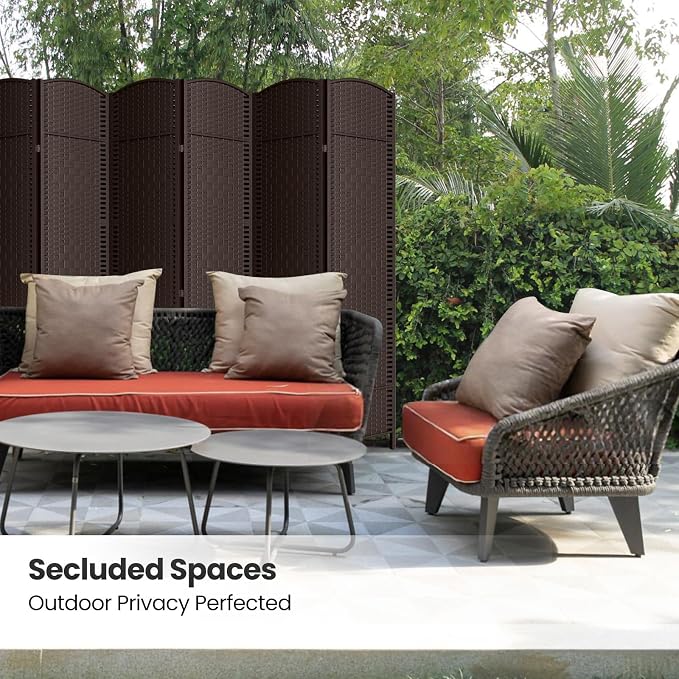 6 Panel Folding Room Divider, Woven Privacy Screen, Chocolate | Solid wood frame - Image 5